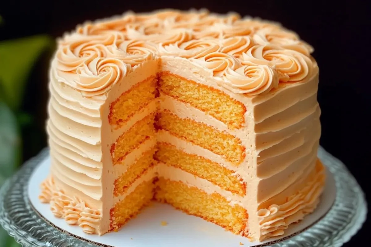 Slice of Orange Velvet Cake with Orange Cream Cheese Frosting on a plate