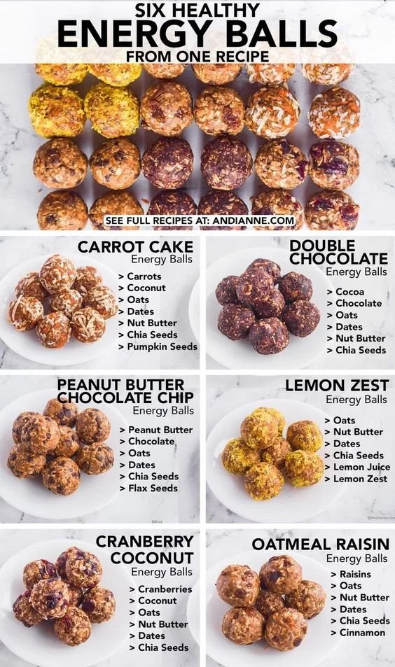 Six healthy energy balls recipe poster showcasing various flavors and ingredients.