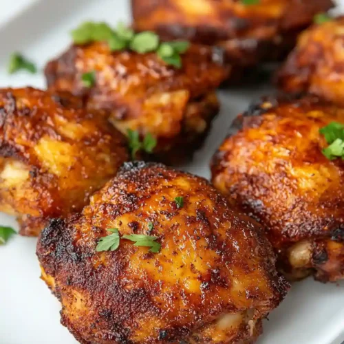 Crispy air fryer chicken thighs with golden-brown skin, seasoned with a dark spice rub and garnished with fresh parsley on a white serving plate.