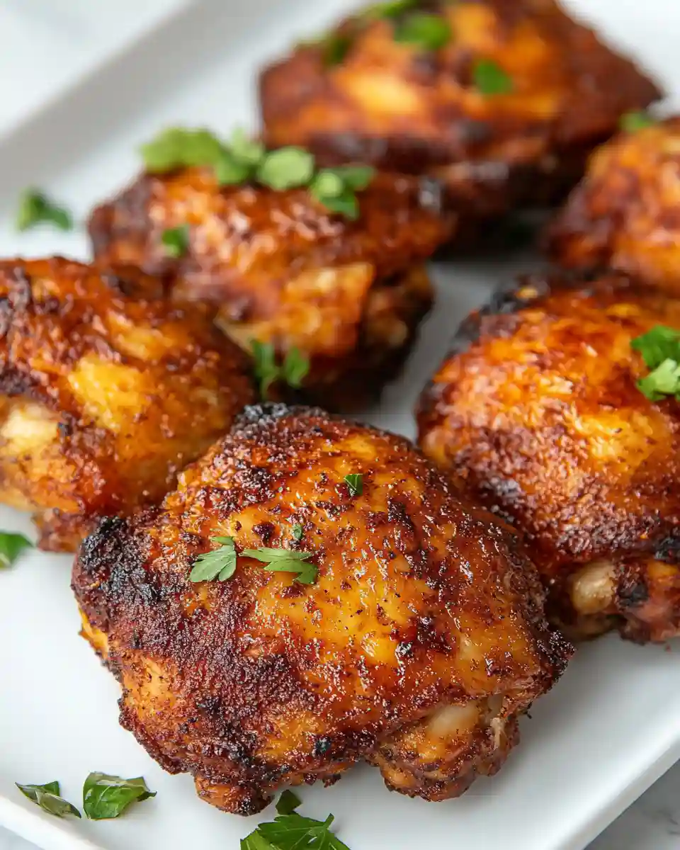 Crispy air fryer chicken thighs with golden-brown skin, seasoned with a dark spice rub and garnished with fresh parsley on a white serving plate.