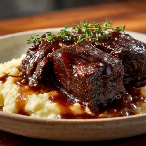Braised beef short ribs in red wine sauce served over mashed potatoes