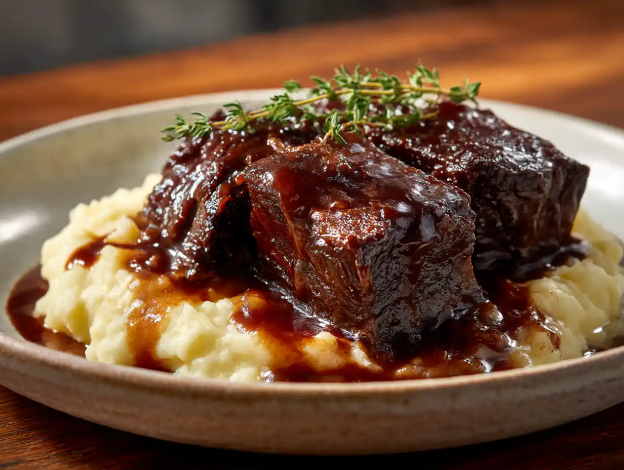 Braised beef short ribs in red wine sauce served over mashed potatoes