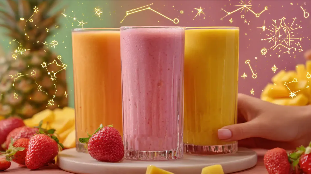 Healthy smoothie recipes in three colorful glasses with fresh strawberries and tropical fruit on the table.