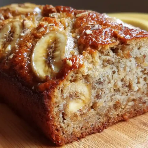 "A close-up, side-angle shot of a freshly baked loaf of banana bread on a wooden cutting board. The loaf features a golden-brown, glazed crust topped with caramelized banana slices. The front of the loaf is sliced, revealing a moist, dense interior. Two whole yellow bananas are blurred in the background."