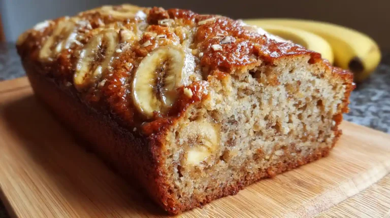 "A close-up, side-angle shot of a freshly baked loaf of banana bread on a wooden cutting board. The loaf features a golden-brown, glazed crust topped with caramelized banana slices. The front of the loaf is sliced, revealing a moist, dense interior. Two whole yellow bananas are blurred in the background."