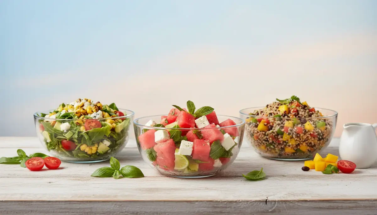 Three glass bowls of colorful summer salads on a white wood table — green salad with corn and feta, watermelon feta mint salad, and quinoa mango salad — with a soft blue-peach gradient background