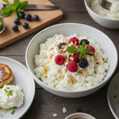 Cottage cheese recipes arranged on a table, including a bowl with berries, cottage cheese pancakes, and avocado toast.