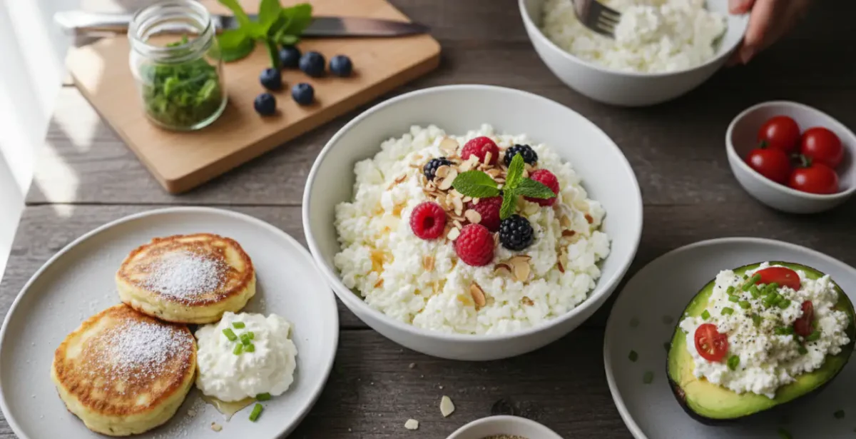 Cottage cheese recipes arranged on a table, including a bowl with berries, cottage cheese pancakes, and avocado toast.