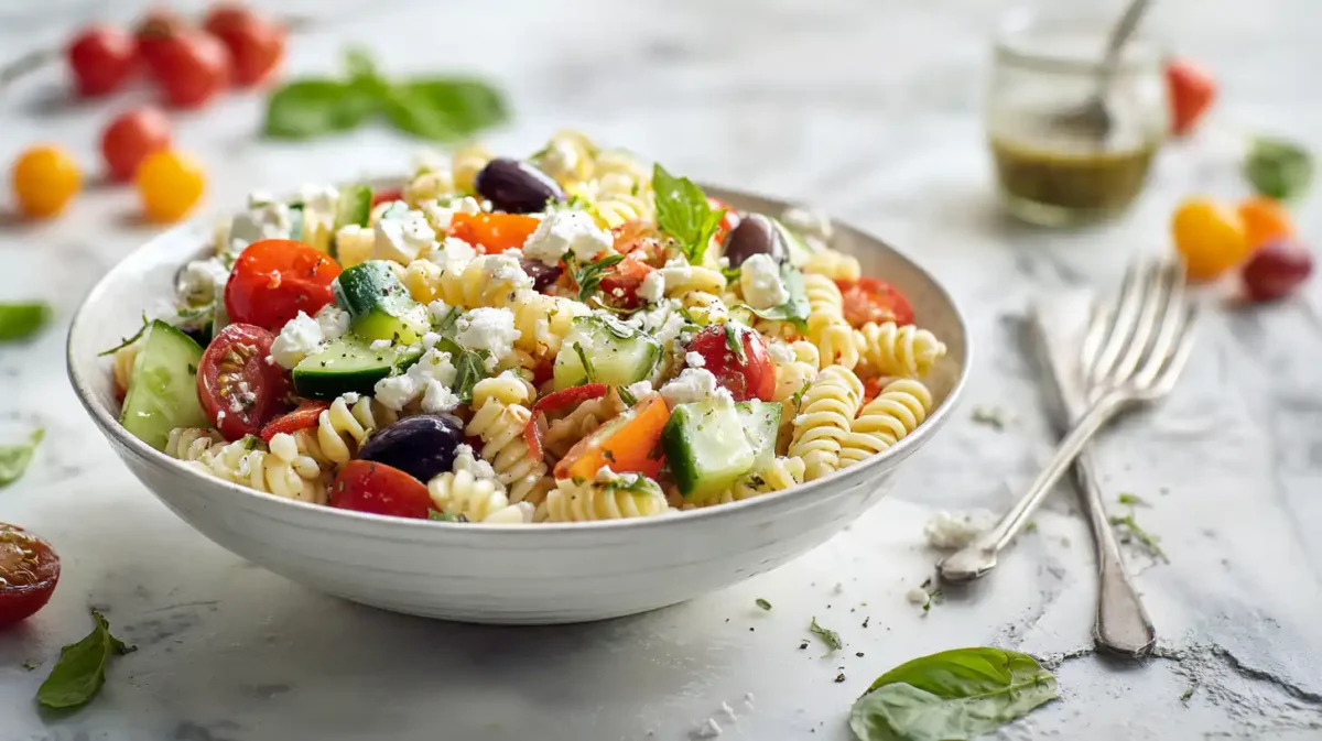 Bowl of Greek rotini Summer Pasta Salad with cherry tomatoes, cucumber, kalamata olives, crumbled feta cheese, and fresh basil on a marble surface