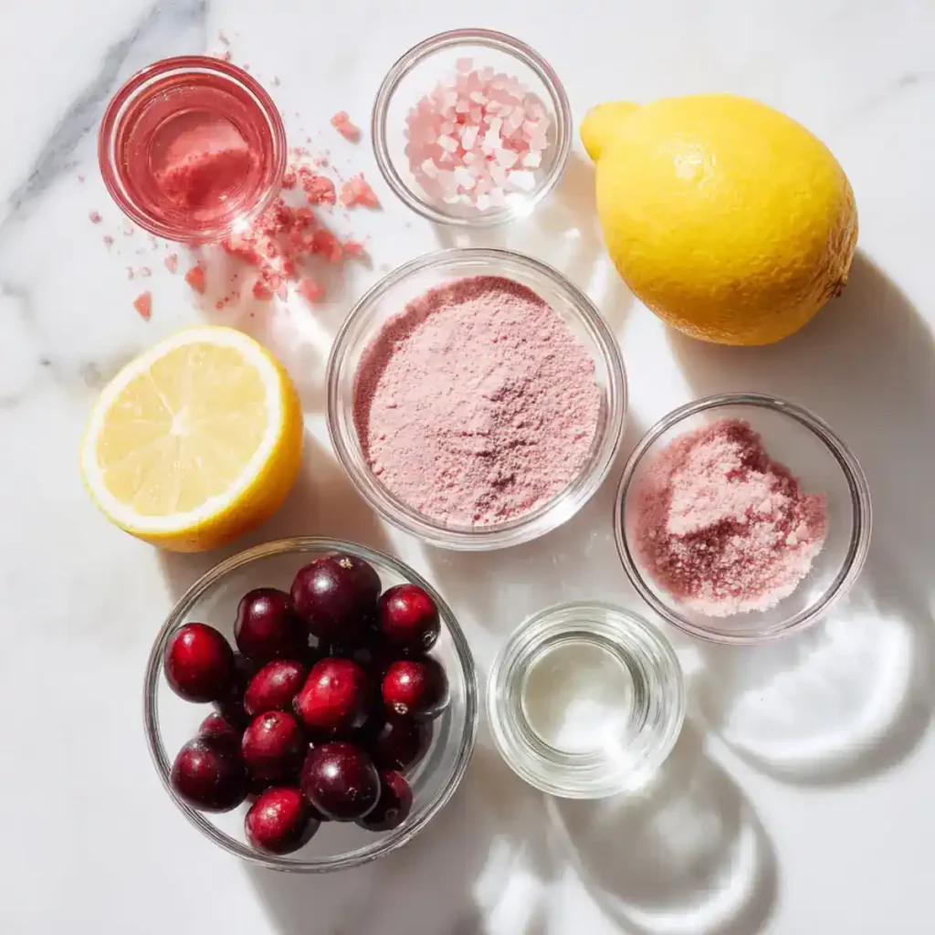 Pink gelatin recipe ingredients flat lay including fresh cranberries, pink collagen powder, unflavored gelatin, pink Himalayan salt, lemon, and cranberry juice on a white marble surface