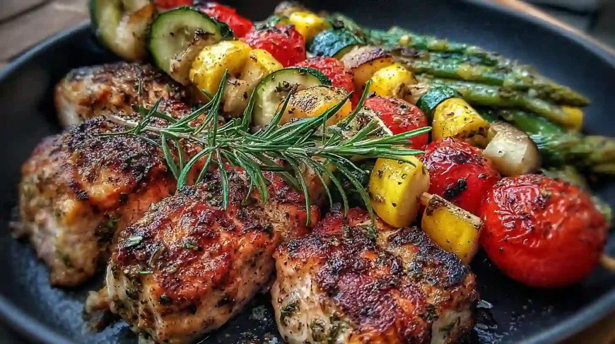 Grilled chicken and colorful summer vegetables with asparagus, zucchini, tomatoes, and herbs on a black plate.