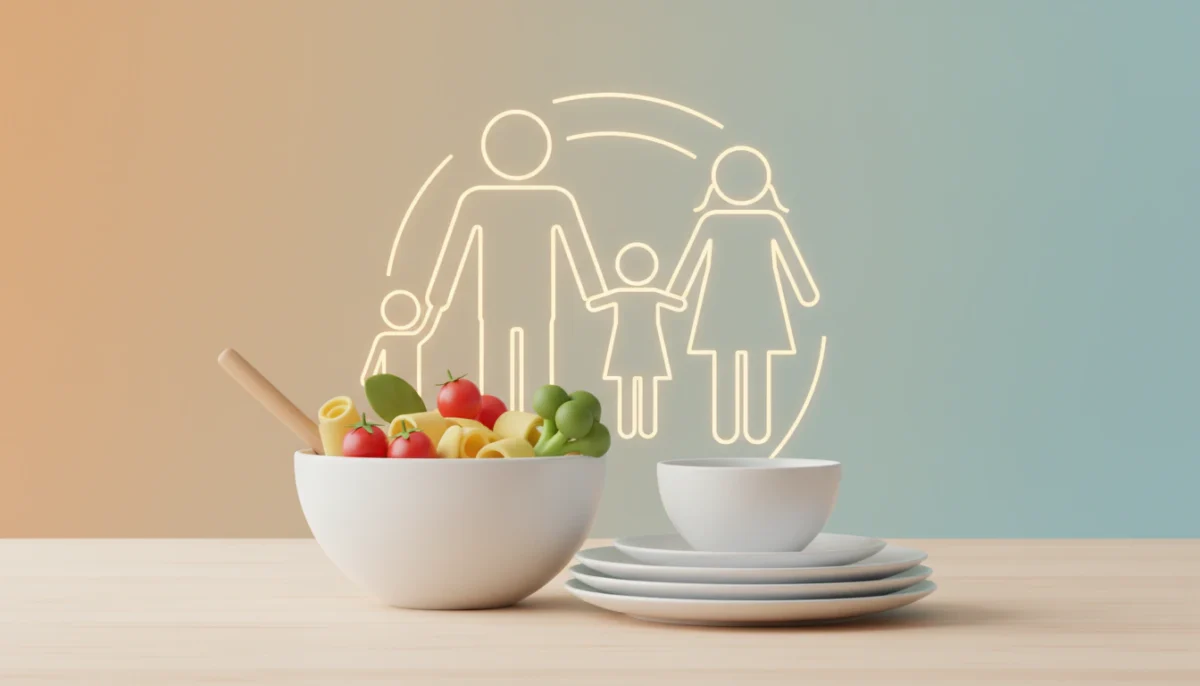 Easy family dinner recipes with pasta, vegetables, bowls, and a family icon in the background.