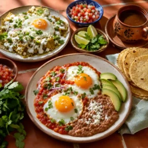 Colorful Mexican Breakfast Ideas with huevos rancheros, chilaquiles, beans, avocado, tortillas, salsa, and café de olla
