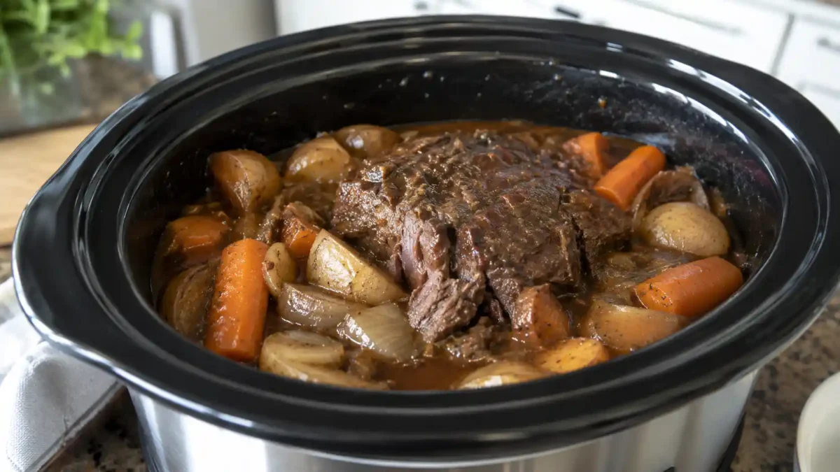 All day crockpot dinner with beef, carrots, potatoes, and gravy in a slow cooker