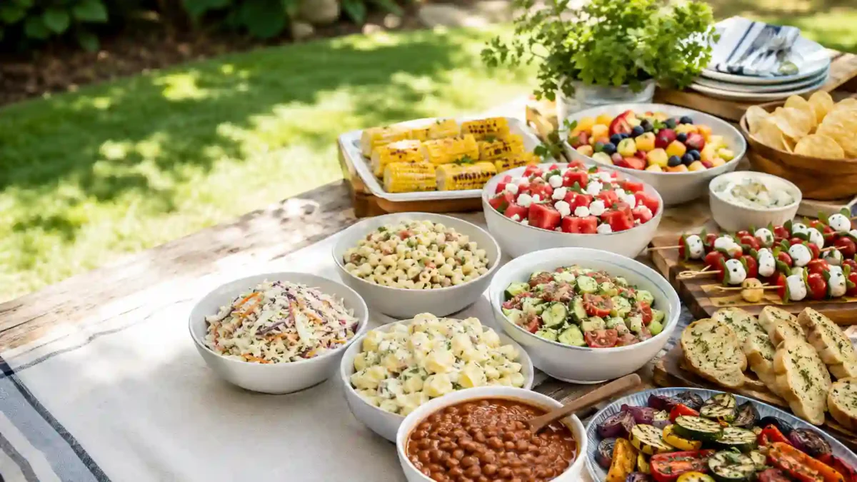 cookout side dishes with potato salad coleslaw baked beans corn pasta salad and fruit salad
