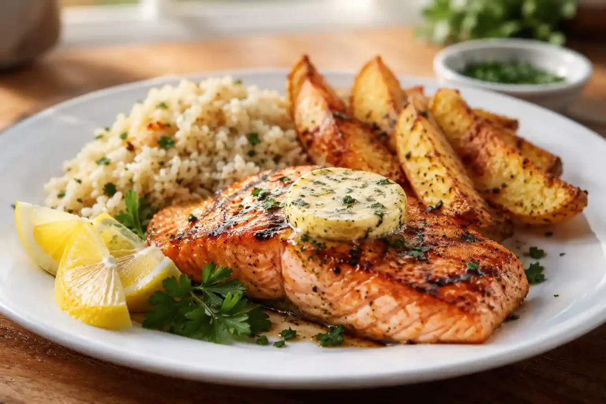 Copycat Texas Roadhouse salmon with lemon pepper butter, seasoned rice, and crispy potato wedges