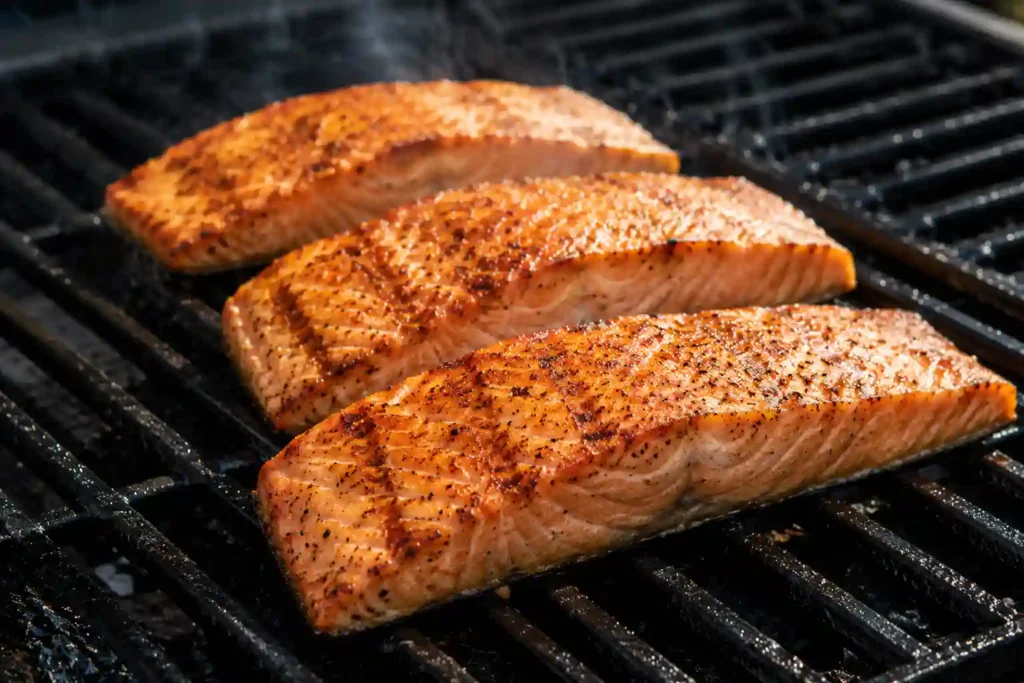 Copycat Texas Roadhouse Salmon Recipe With Lemon Pepper Butter Salmon fillets cooking on a grill for a Texas Roadhouse-style salmon recipe