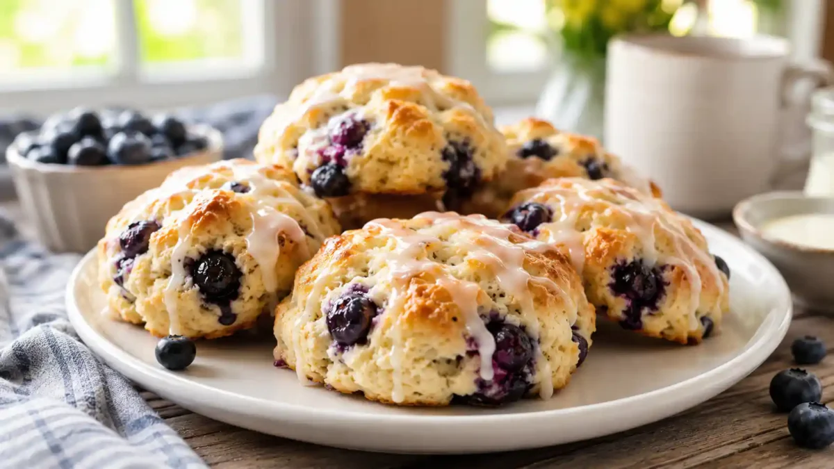 Vanilla glaze drizzled overSweet blueberry biscuits with vanilla glaze on a platewarm blueberry biscuits