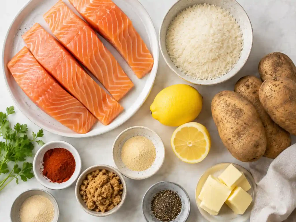 Copycat Texas Roadhouse Salmon Recipe With Lemon Pepper Butter Salmon fillets, smoked paprika, garlic powder, lemon, butter, rice, and potatoes for copycat Texas Roadhouse salmon