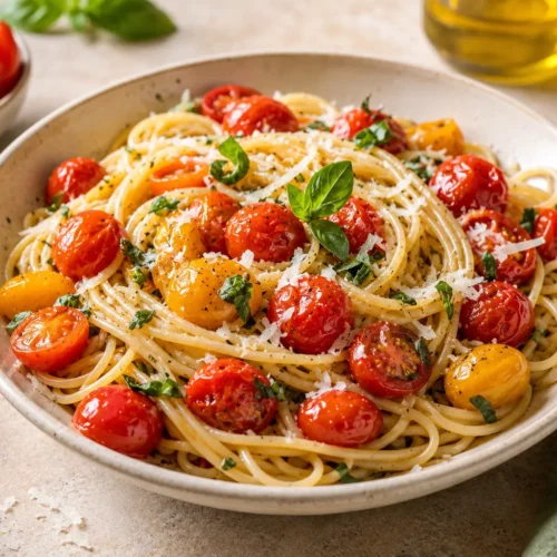 Cherry tomato pasta with spaghetti, roasted red and yellow cherry tomatoes, fresh basil, Parmesan, and olive oil in a cream ceramic bowl.