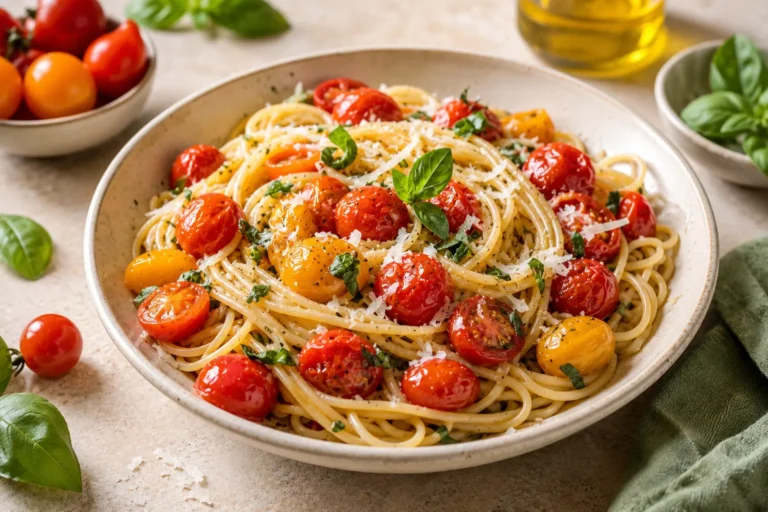 Cherry tomato pasta with spaghetti, roasted red and yellow cherry tomatoes, fresh basil, Parmesan, and olive oil in a cream ceramic bowl.