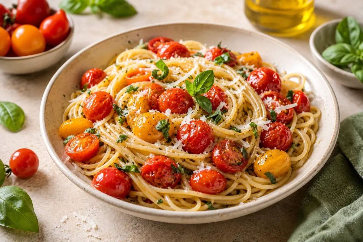 Cherry tomato pasta with spaghetti, roasted red and yellow cherry tomatoes, fresh basil, Parmesan, and olive oil in a cream ceramic bowl.