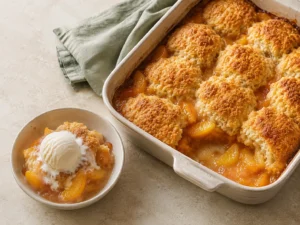 Easy Peach Cobbler recipe With Golden Biscuit Toppin