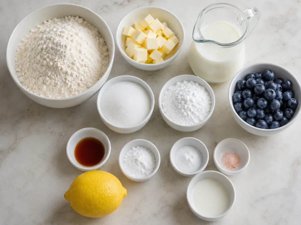 The best Blueberry Biscuits With Lemon Glaze Flour, cold butter, buttermilk, blueberries, lemon, sugar, vanilla, baking powder, baking soda, and salt