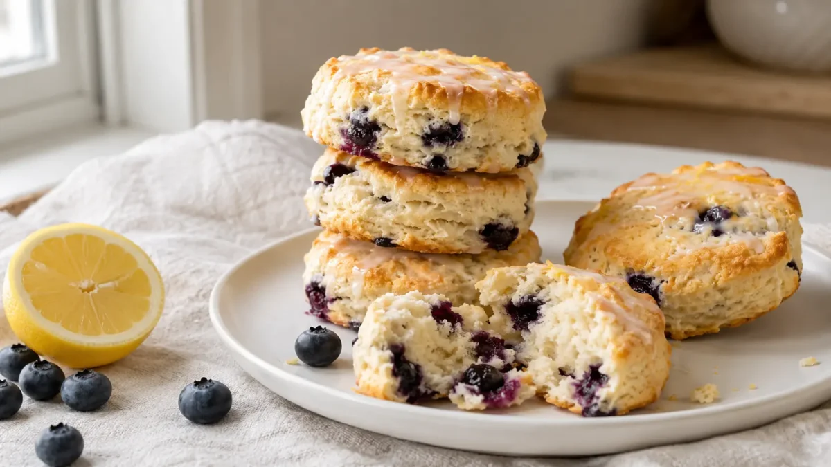 Stack of flaky blueberry biscuits with fresh berries and a thin lemon glaze on a white plate