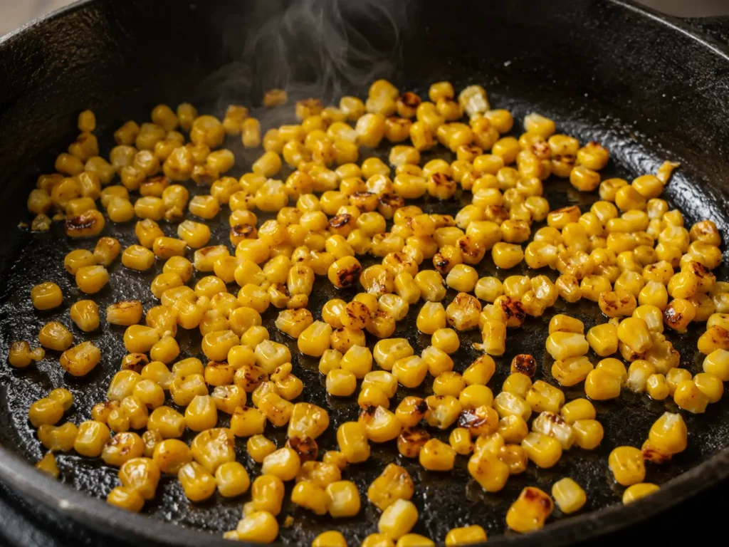 The Best Mexican Street Corn in a Cup Corn kernels developing lightly browned spots in a wide cast-iron skillet