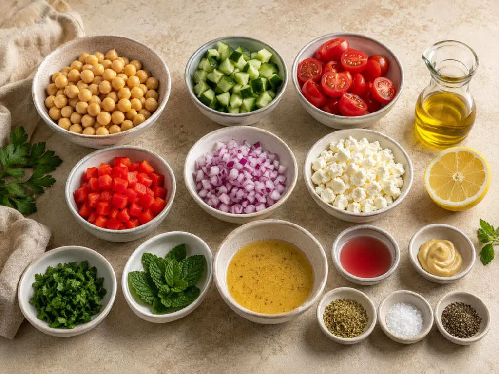 Chickpeas, cucumber, tomatoes, red pepper, feta, herbs, and lemon dressing ingredients