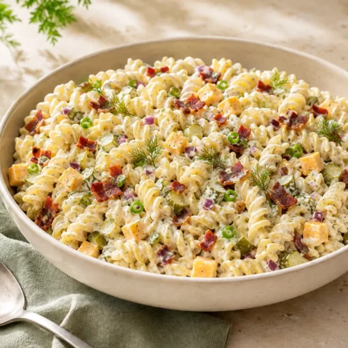 Creamy rotini dill pickle pasta salad pickles, cheddar, red onion, fresh dill, and crispy beef bacon