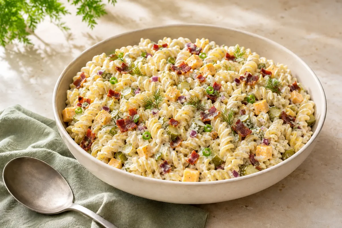 Creamy rotini dill pickle pasta salad pickles, cheddar, red onion, fresh dill, and crispy beef bacon