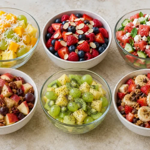 Six fruit salad recipes in individual bowls and containers, including piña colada, berry almond, watermelon mint, apple cinnamon, kiwi lime, and chocolate