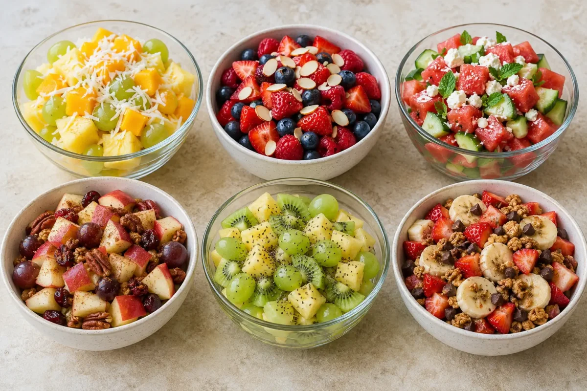 Six fruit salad recipes in individual bowls and containers, including piña colada, berry almond, watermelon mint, apple cinnamon, kiwi lime, and chocolate