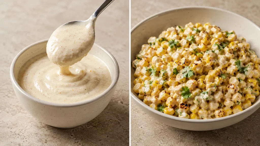 The Best Mexican Street Corn in a Cup Creamy lime sauce beside warm corn evenly coated with the sauce and cilantro