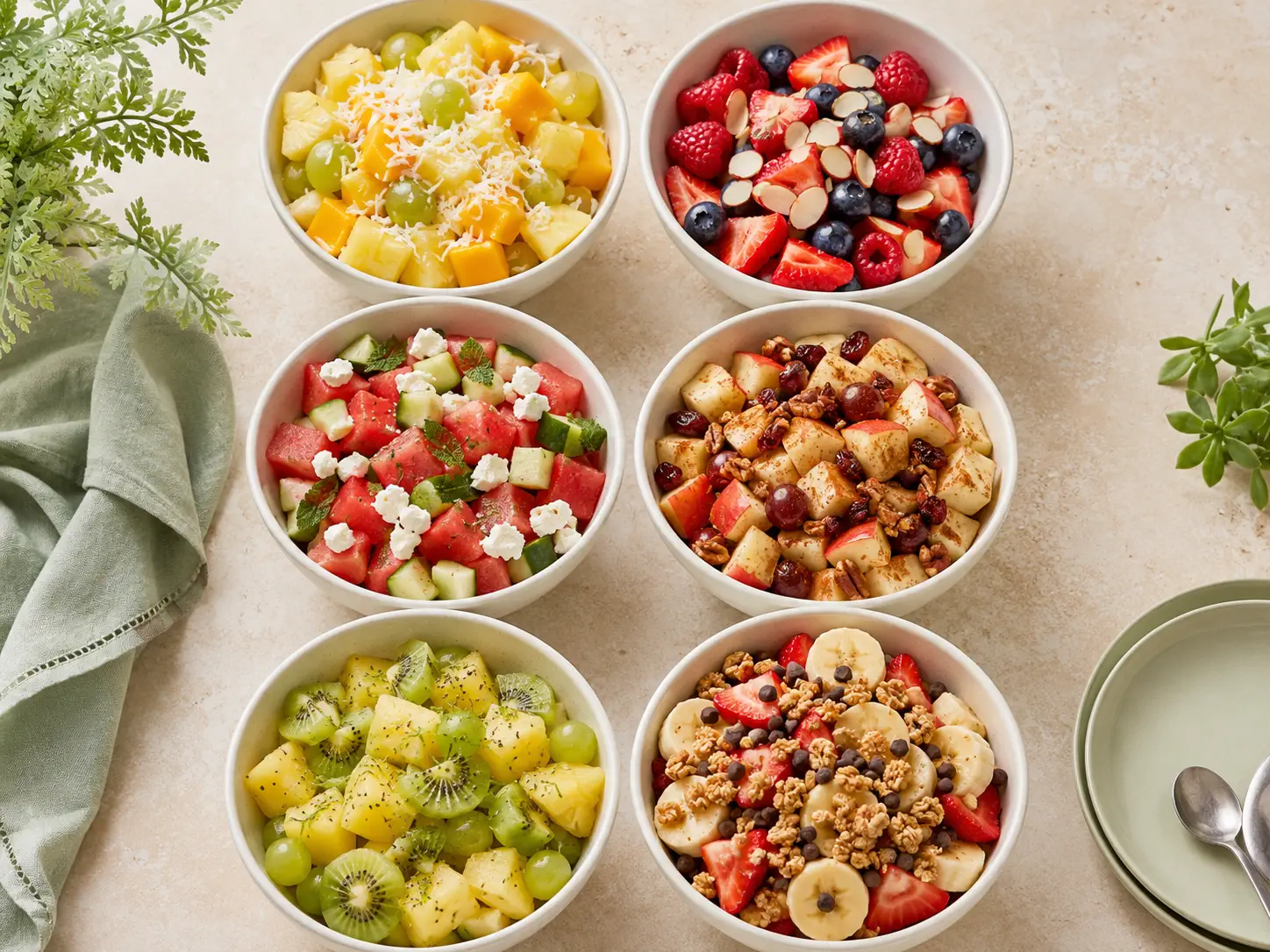 6 Easy Fruit Salad Recipes With Creamy Yogurt Dressings Six fruit salad variations arranged together in a clean overhead layout for easy comparison.