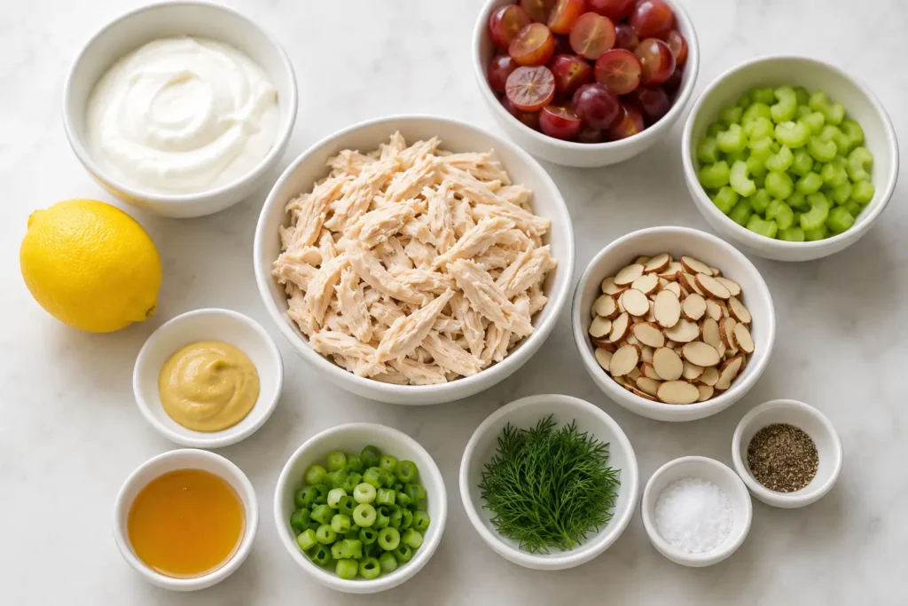 ooked chicken, Greek yogurt, grapes, celery, almonds, lemon, Dijon mustard, and dill