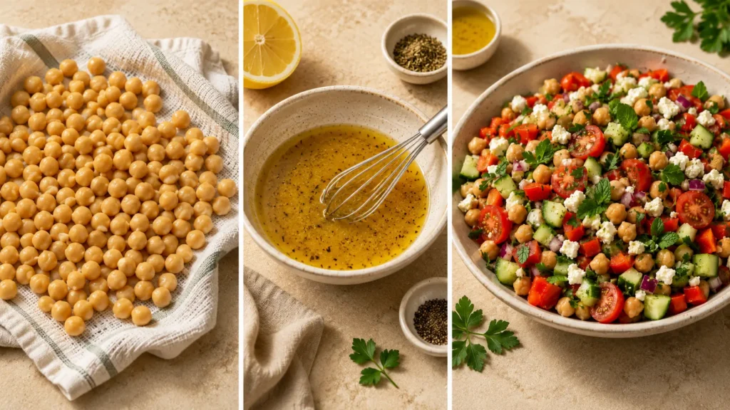 Visual comparison of wet chickpeas, oversized vegetables, thin dressing, and crisp toppings added correctly