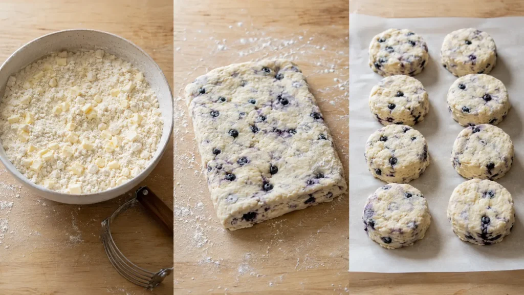 The best Blueberry Biscuits With Lemon Glaze Three-panel view of butter cut into flour, folded blueberry biscuit dough, and round biscuits ready to bake