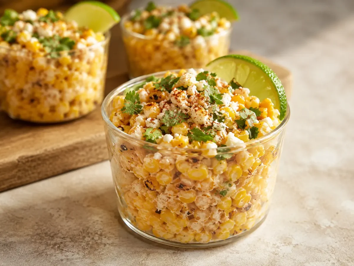 Mexican street corn in a clear cup topped with Cotija, cilantro, Tajín, and a lime wedge