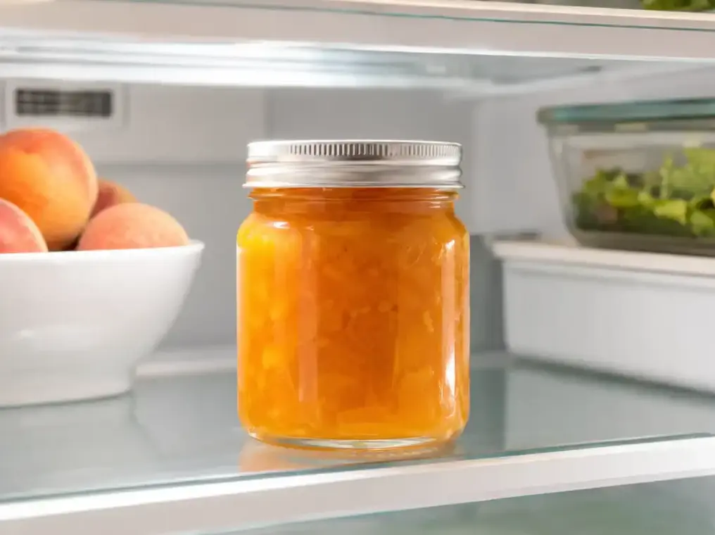 Jar of homemade peach jam recipe stored on a refrigerator shelf beside fresh peaches