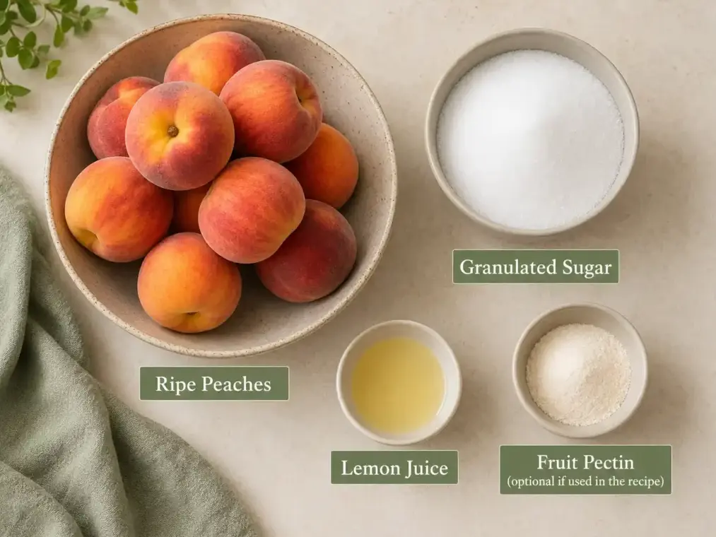 Easy Peach Jam Recipe Without Pectin Ripe peaches, granulated sugar, and lemon juice for homemade peach jam without pectin.