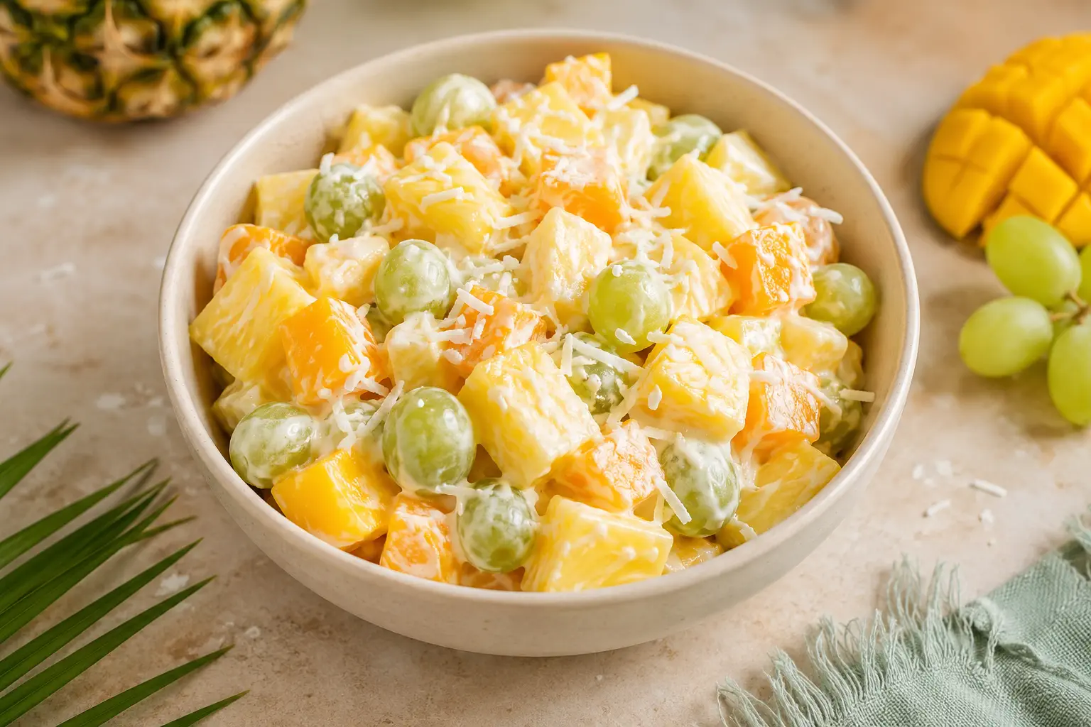 6 Easy Fruit Salad Recipes With Creamy Yogurt Dressings Piña colada fruit salad with pineapple, mango, green grapes, shredded coconut, and creamy coconut yogurt dressing.