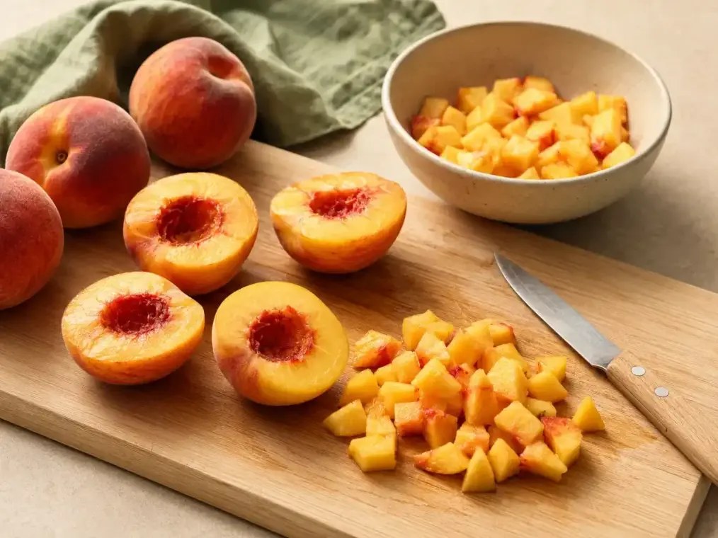 Easy Peach Jam Recipe Without Pectin Fresh peaches being pitted and chopped on a wooden cutting board for homemade peach jam.