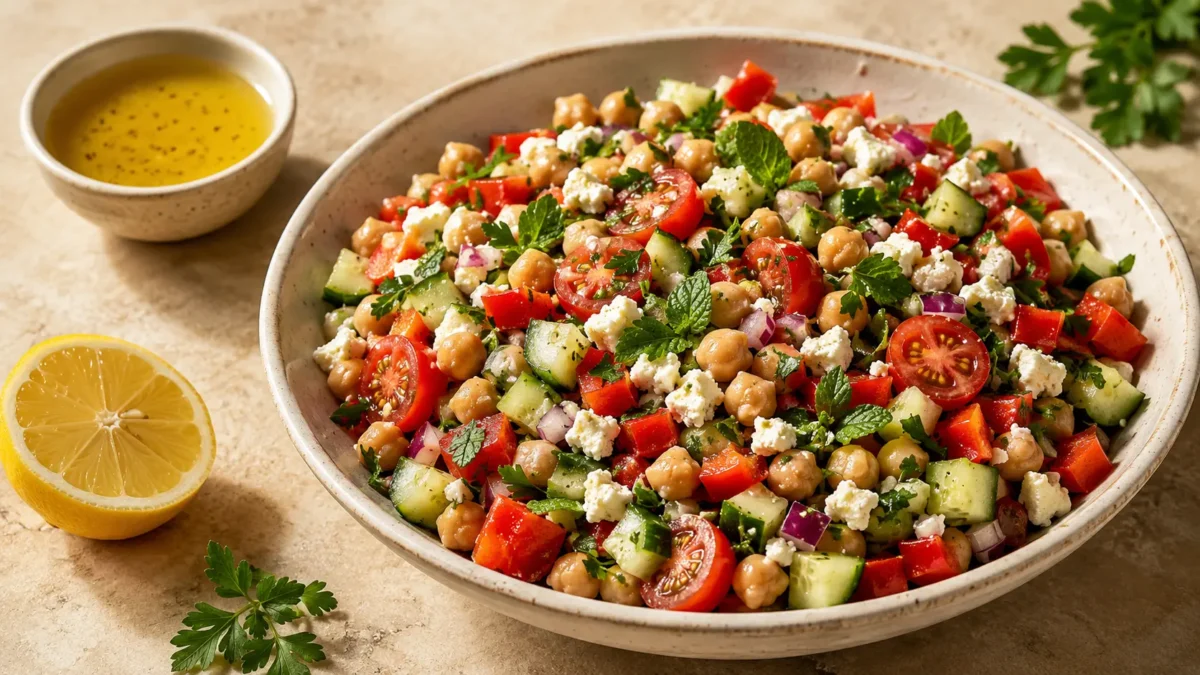 Quick chickpea salad with cucumber, cherry tomatoes, red pepper, feta, parsley, and mint