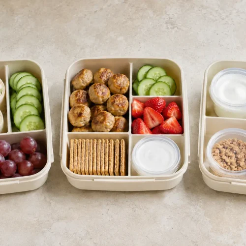 Three compartment lunch boxes with a chicken salad wrap, mini chicken meatballs, and yogurt with berries and granola