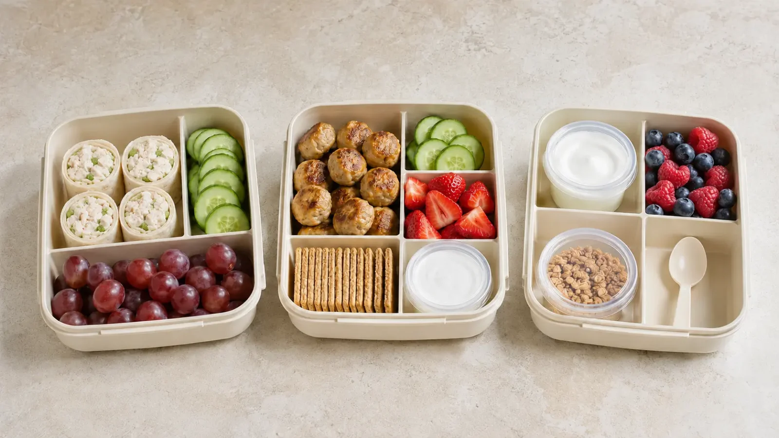 Three compartment lunch boxes with a chicken salad wrap, mini chicken meatballs, and yogurt with berries and granola