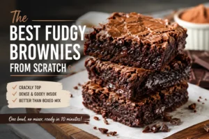 Stack of fudgy brownies from scratch with crackly top and gooey chocolate center