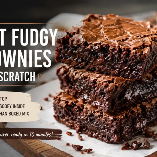 Stack of fudgy brownies from scratch with crackly top and gooey chocolate center